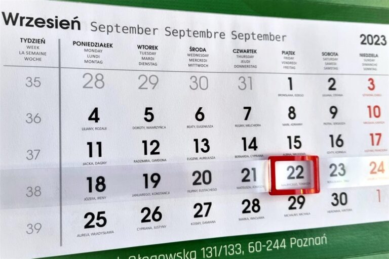Kalendarz z zaznaczoną datą 22 września
