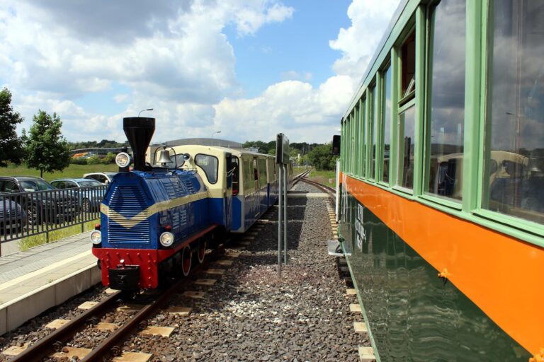 Mijające się pociągi - na wprost niebieska lokomotywa, widoczny bok ryjka