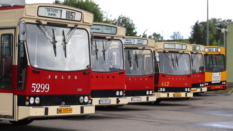 Stojące obok siebie autobusy Jelcz PR110