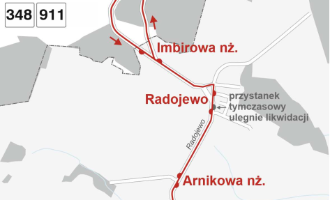 Schemat przejazdu autobusów linii 348 i 911 na obszarze Radojewa.