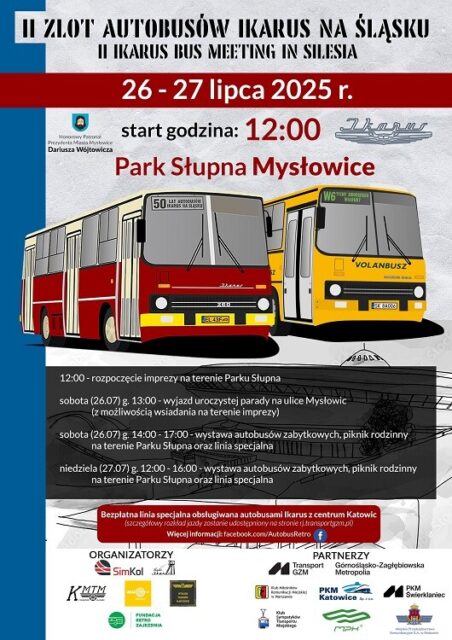 Plakat z grafiką prezentującą autobusy i napisem II Zlot Autobusów Ikarus na Śląsku