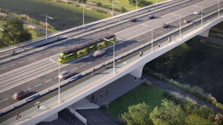 Wizualizacja przebudowanego mostu Chrobrego. Środkiem mostu przejeżdża tramwaj
