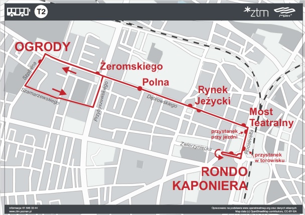 Schemat linii T2 funkcjonującej w sobotę, 4 października 2025 r. w godz. 8:00 – 9:00
