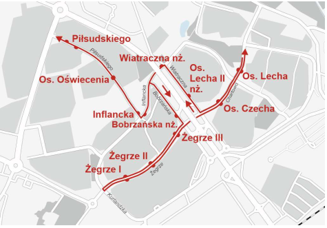 Schemat objazdu dla linii 166