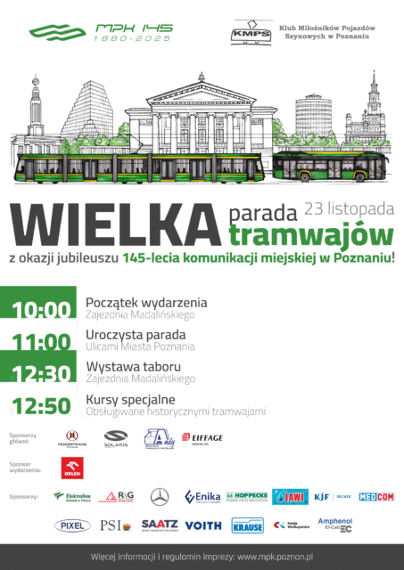 Plakat z napisem wielka parada tramwajów 23 listopada 2025 godzina 11 z zajezdni Madalińskiego