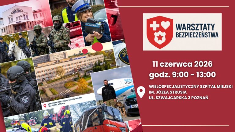 Plakat ze zdjęciami służb mundurowych i napisem: Warsztaty bezpieczeństwa, 11 czerwca, godz 9-13