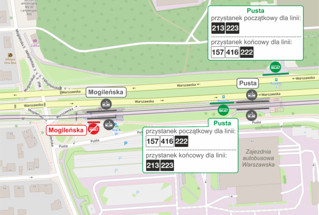 Schemat lokalizacji przystanków „Pusta” i „Mogileńska” w trakcie budowy