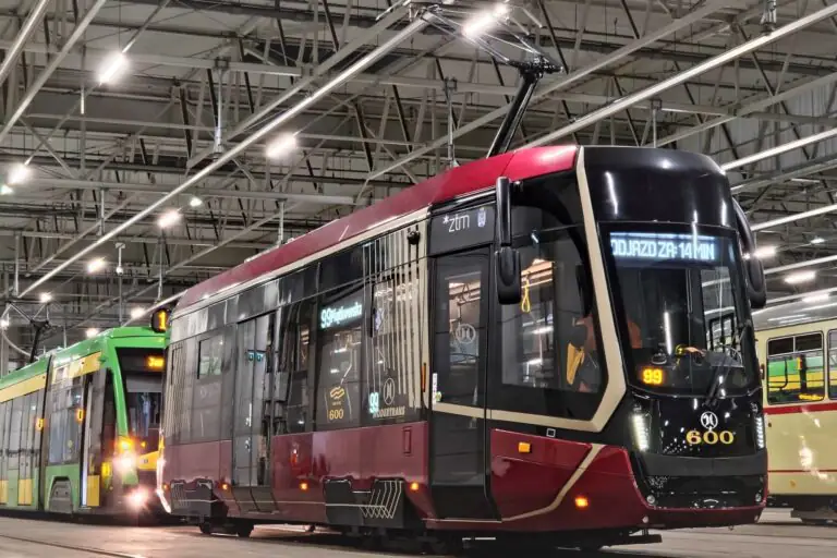 Krótki bordowy tramwaj z numerem 600 w hali zajezdni. W tle inne tramwaje