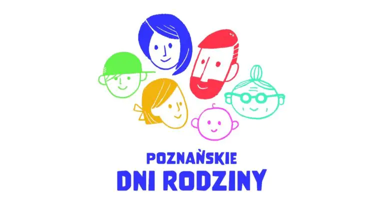 Kolorowa grafika przedstawiająca ludzkie twarze, pod nią napis Poznańskie Dni Rodziny